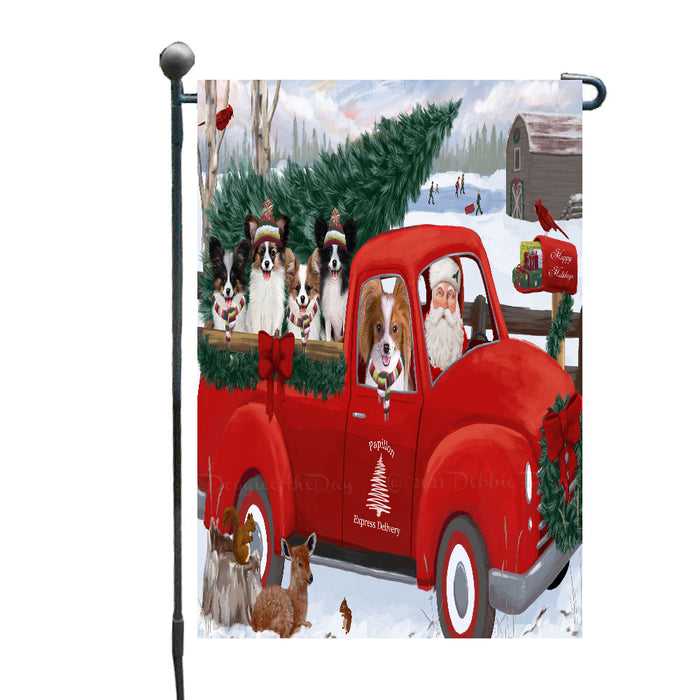 Christmas Santa Express Delivery Red Truck Papillon Dogs Garden Flags- Outdoor Double Sided Garden Yard Porch Lawn Spring Decorative Vertical Home Flags 12 1/2"w x 18"h