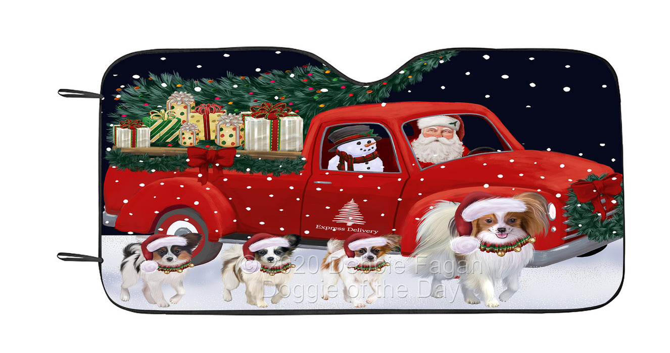 Christmas Express Delivery Red Truck Running Papillon Dog Car Sun Shade Cover Curtain