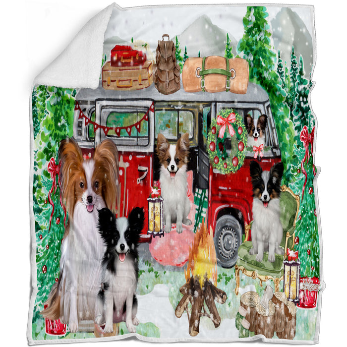 Christmas Time Camping with Papillon Dogs Blanket - Lightweight Soft Cozy and Durable Bed Blanket - Animal Theme Fuzzy Blanket for Sofa Couch