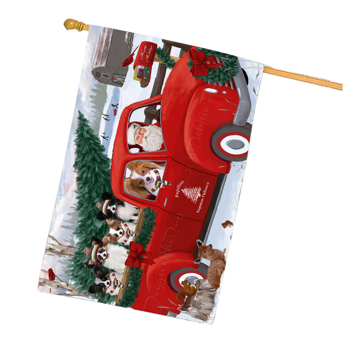 Christmas Santa Express Delivery Red Truck Papillon Dogs House Flag Outdoor Decorative Double Sided Pet Portrait Weather Resistant Premium Quality Animal Printed Home Decorative Flags 100% Polyester