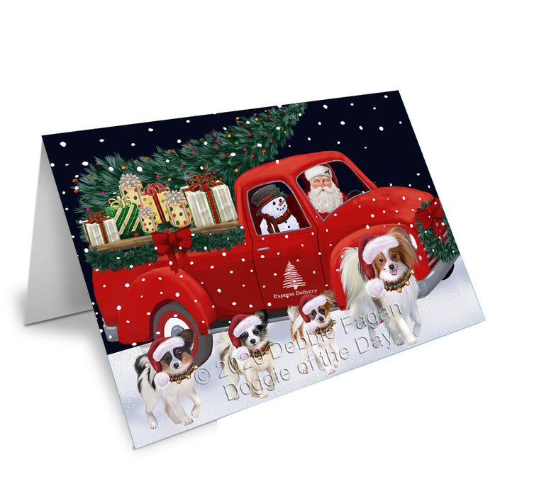 Christmas Express Delivery Red Truck Running Papillon Dogs Handmade Artwork Assorted Pets Greeting Cards and Note Cards with Envelopes for All Occasions and Holiday Seasons GCD75179