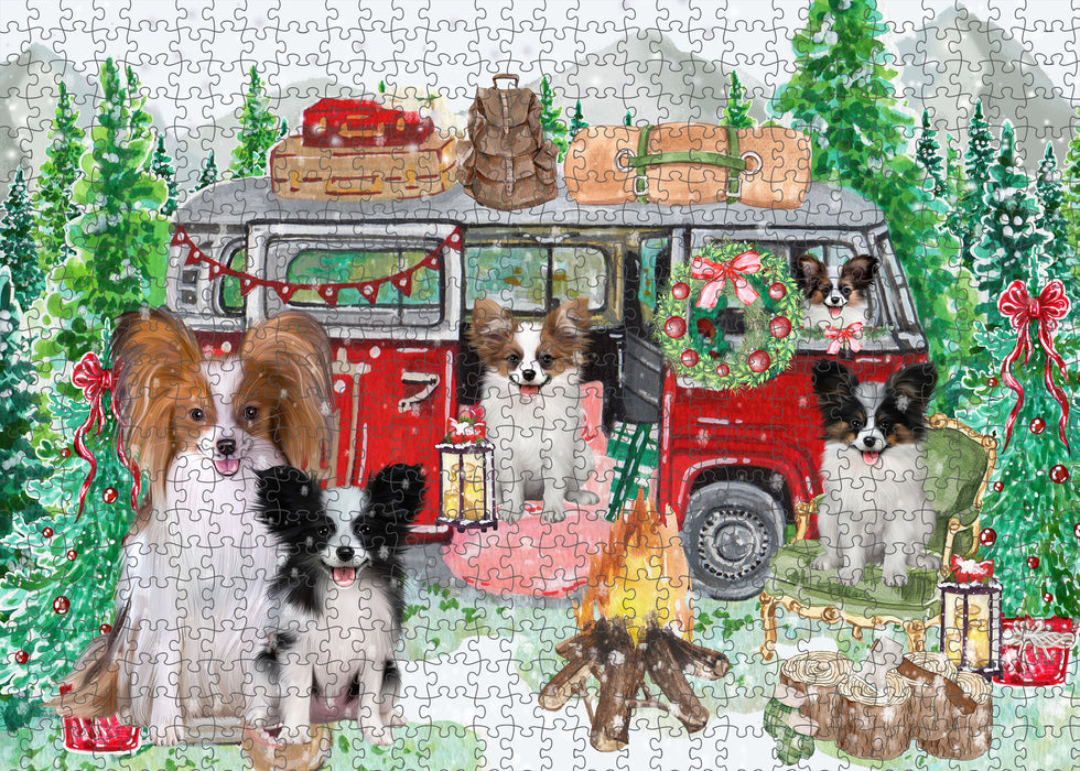 Christmas Time Camping with Papillon Dogs Portrait Jigsaw Puzzle for Adults Animal Interlocking Puzzle Game Unique Gift for Dog Lover's with Metal Tin Box