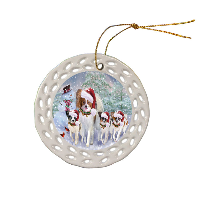 Christmas Running Family Papillon Dogs Ceramic Doily Ornament DPOR57420