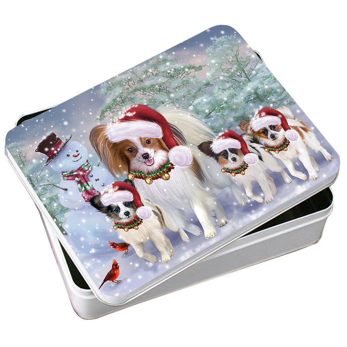 Christmas Running Family Papillon Dogs Photo Storage Tin PITN57077