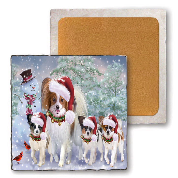 Christmas Running Family Papillon Dogs Set of 4 Natural Stone Marble Tile Coasters MCST52134