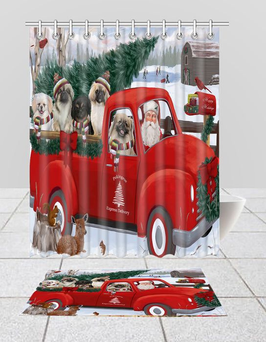 Christmas Santa Express Delivery Red Truck Pekingese Dogs Bath Mat and Shower Curtain Combo