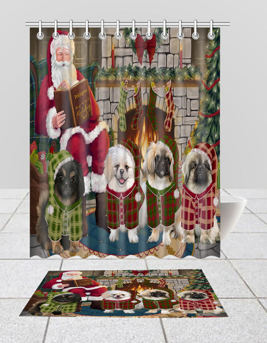 Christmas Cozy Holiday Fire Tails Pekingese Dogs Bath Mat and Shower Curtain Combo