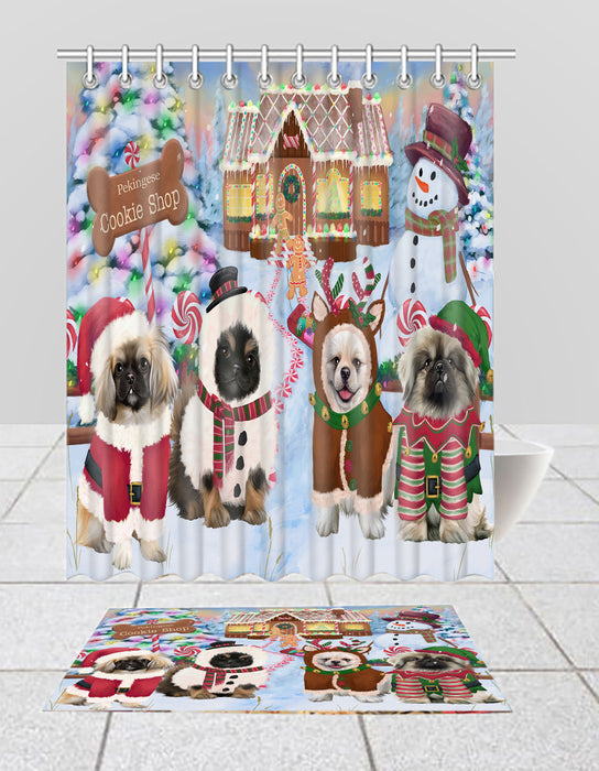 Holiday Gingerbread Cookie Pekingese Dogs  Bath Mat and Shower Curtain Combo
