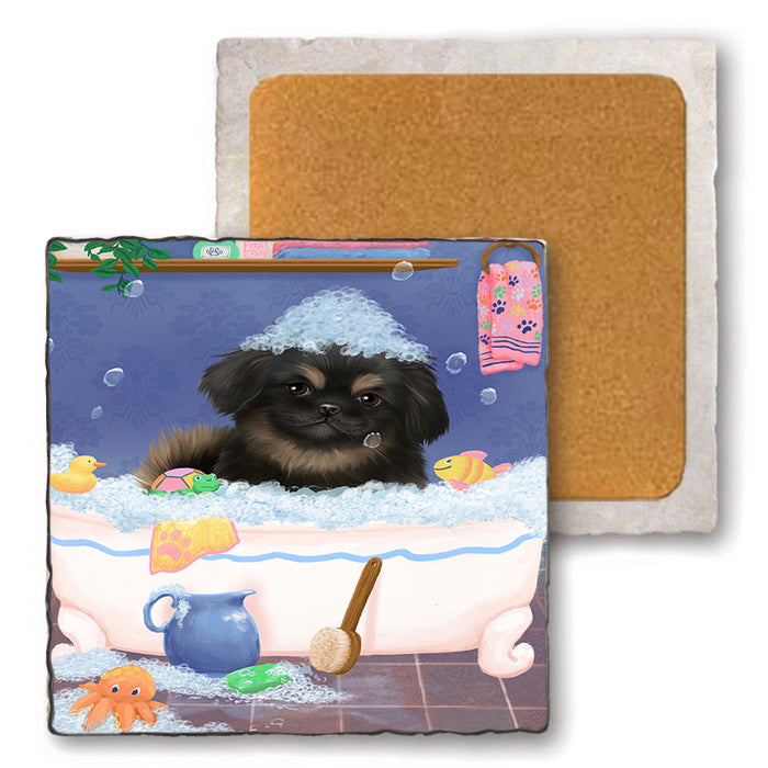 Rub A Dub Dog In A Tub Pekingese Dog Set of 4 Natural Stone Marble Tile Coasters MCST52406