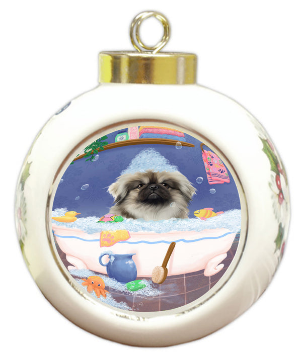 Rub A Dub Dog In A Tub Pekingese Dog Round Ball Christmas Ornament RBPOR58628