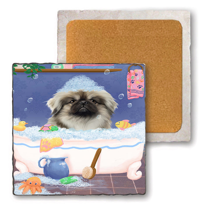 Rub A Dub Dog In A Tub Pekingese Dog Set of 4 Natural Stone Marble Tile Coasters MCST52404