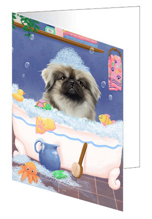Rub A Dub Dog In A Tub Pekingese Dog Handmade Artwork Assorted Pets Greeting Cards and Note Cards with Envelopes for All Occasions and Holiday Seasons GCD79526