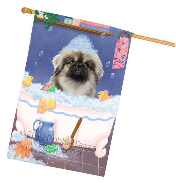 Rub A Dub Dog In A Tub Pekingese Dog House Flag FLG66316