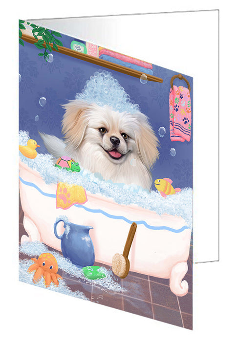 Rub A Dub Dog In A Tub Pekingese Dog Handmade Artwork Assorted Pets Greeting Cards and Note Cards with Envelopes for All Occasions and Holiday Seasons GCD79529