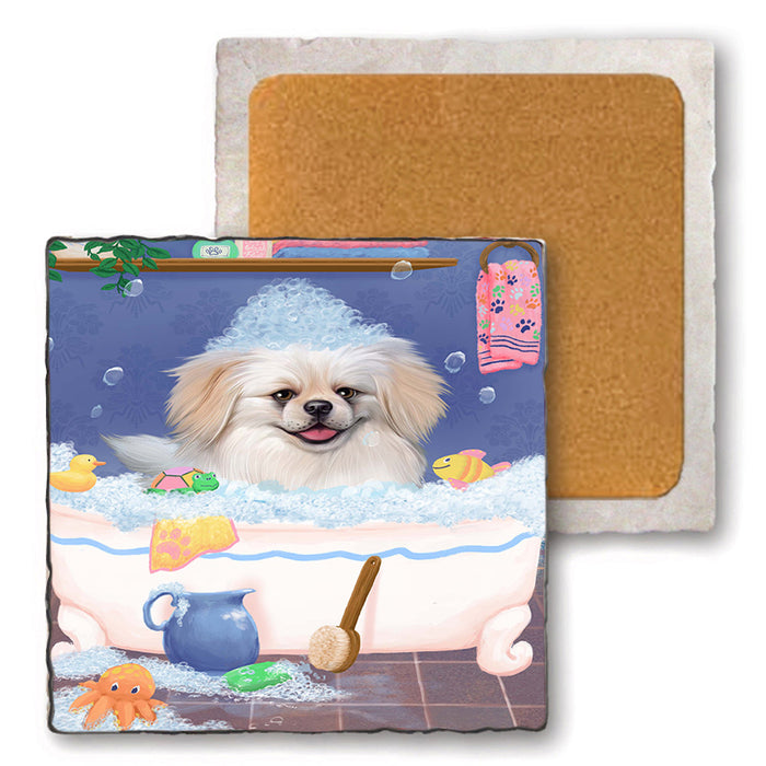 Rub A Dub Dog In A Tub Pekingese Dog Set of 4 Natural Stone Marble Tile Coasters MCST52405