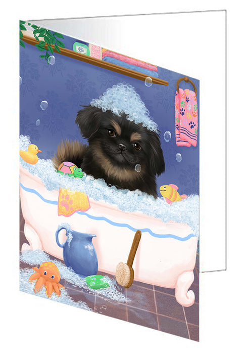 Rub A Dub Dog In A Tub Pekingese Dog Handmade Artwork Assorted Pets Greeting Cards and Note Cards with Envelopes for All Occasions and Holiday Seasons GCD79532