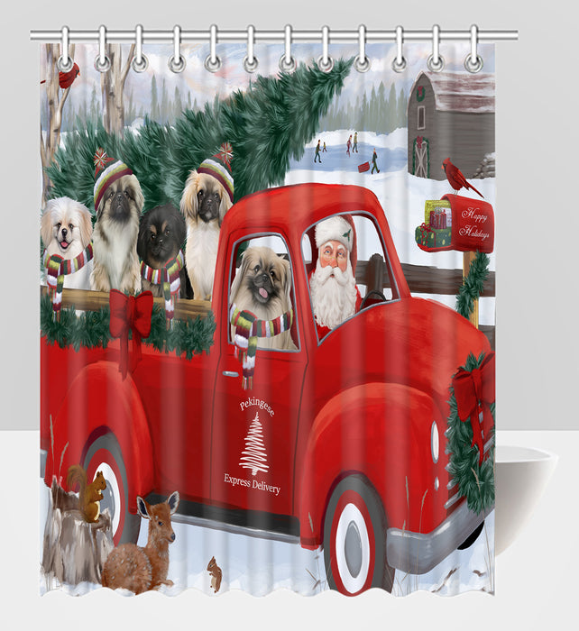 Christmas Santa Express Delivery Red Truck Pekingese Dogs Shower Curtain