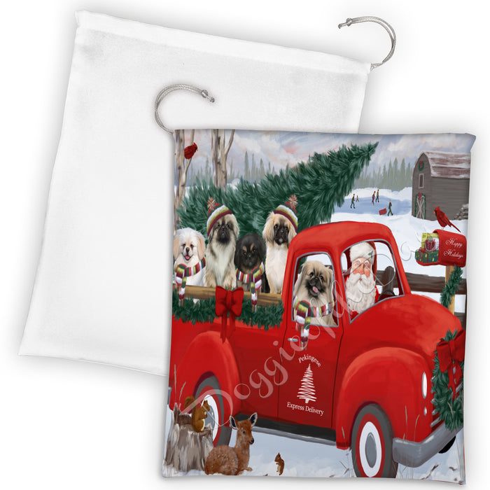 Christmas Santa Express Delivery Red Truck Pekingese Dogs Drawstring Laundry or Gift Bag LGB48325