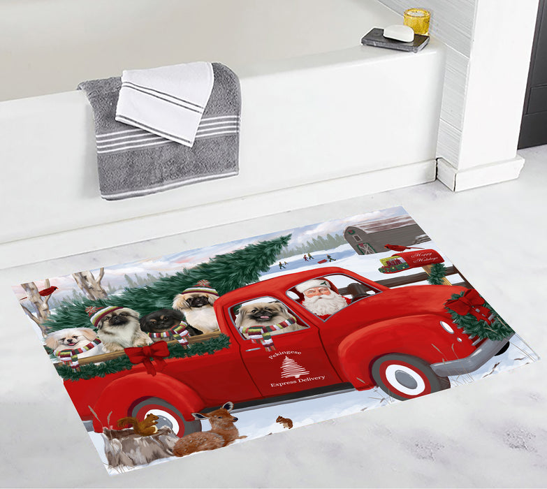 Christmas Santa Express Delivery Red Truck Pekingese Dogs Bath Mat