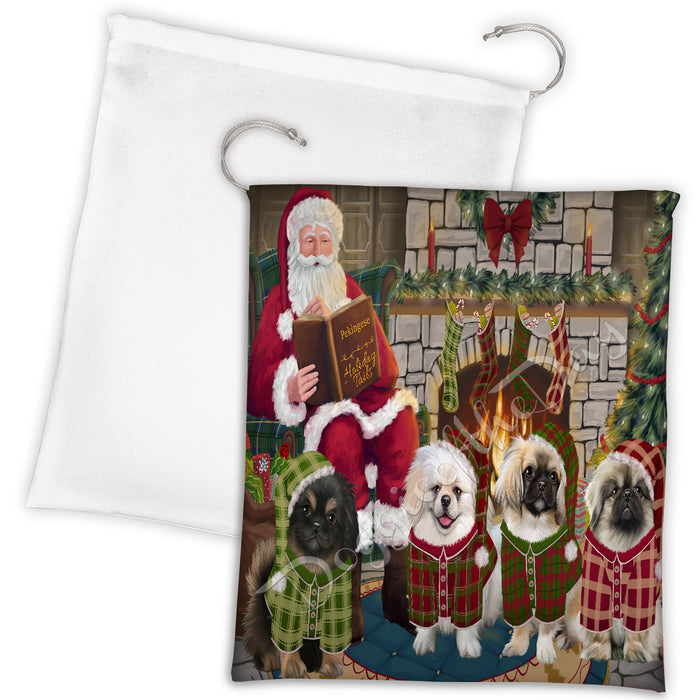 Christmas Cozy Holiday Fire Tails Pekingese Dogs Drawstring Laundry or Gift Bag LGB48519