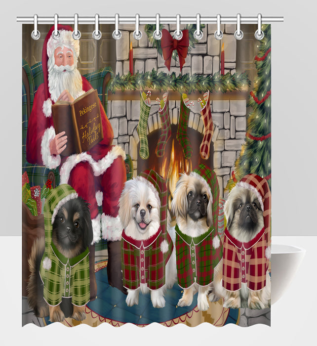 Christmas Cozy Holiday Fire Tails Pekingese Dogs Shower Curtain