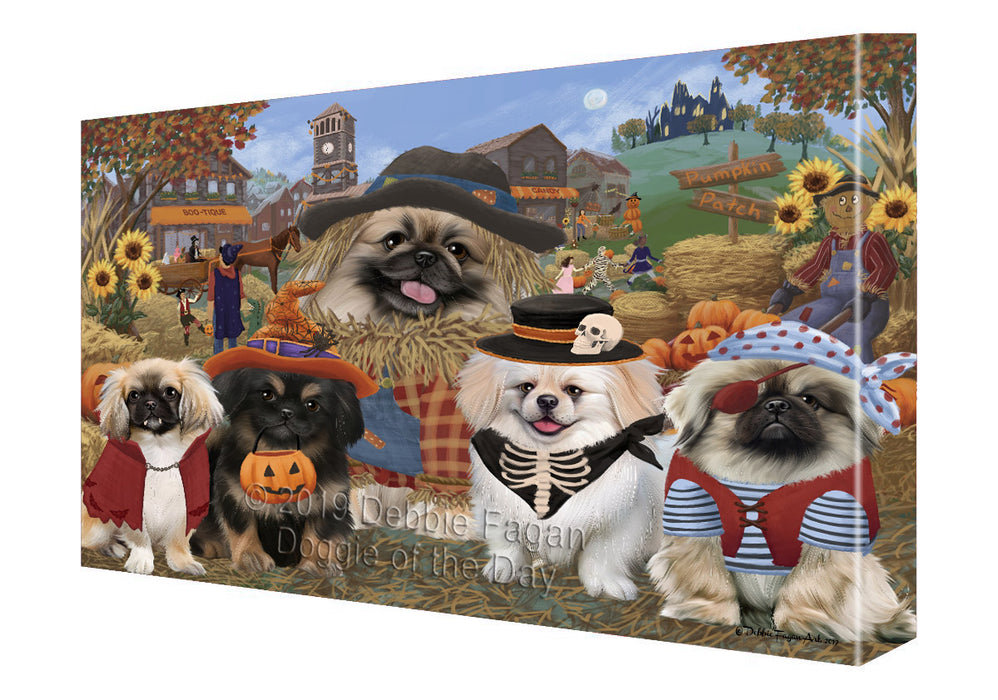 Halloween 'Round Town And Fall Pumpkin Scarecrow Both Pekingese Dogs Canvas Print Wall Art Décor CVS139715