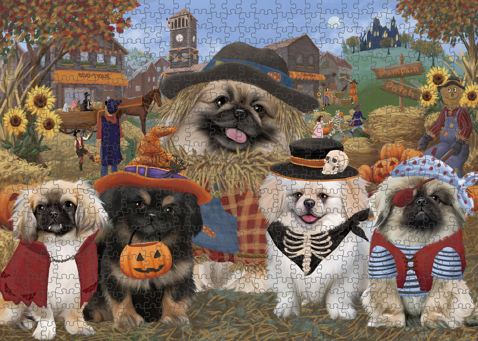 Halloween 'Round Town And Fall Pumpkin Scarecrow Both Pekingese Dogs Puzzle  PUZL96364