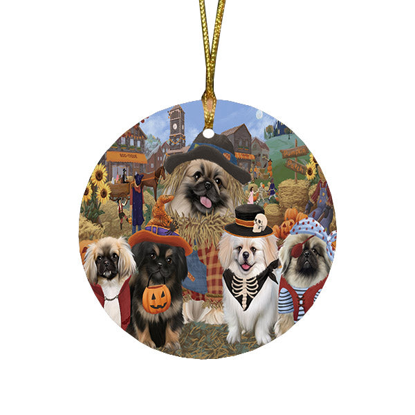 Halloween 'Round Town And Fall Pumpkin Scarecrow Both Pekingese Dogs Round Flat Christmas Ornament RFPOR57418
