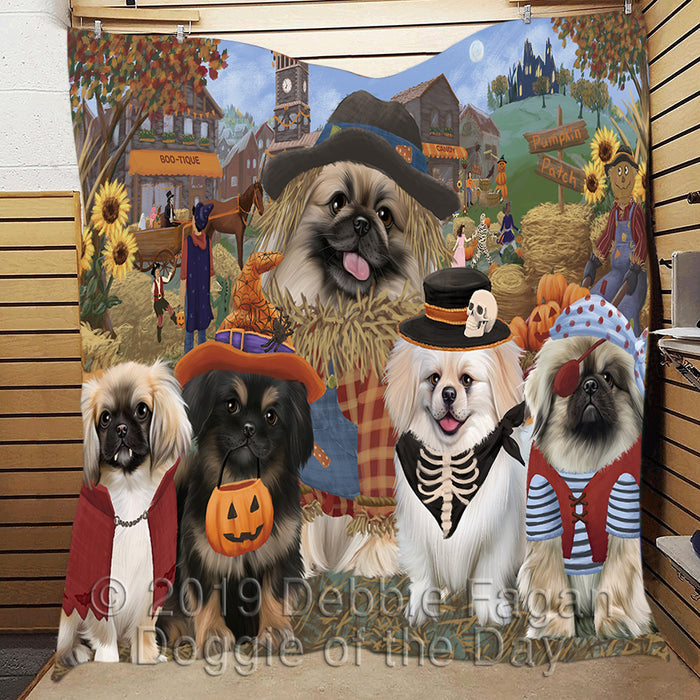 Halloween 'Round Town and Fall Pumpkin Scarecrow Both Pekingese Dogs Quilt