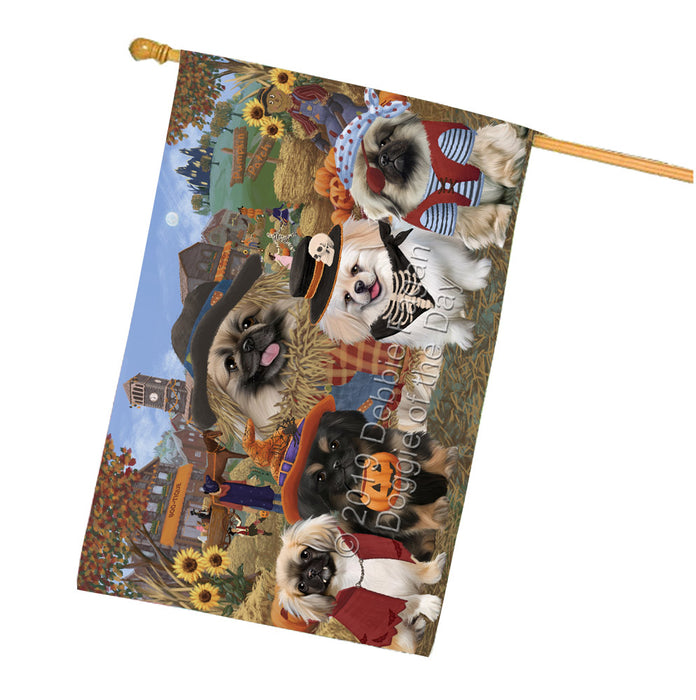 Halloween 'Round Town And Fall Pumpkin Scarecrow Both Pekingese Dogs House Flag FLG65670