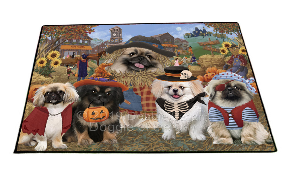 Halloween 'Round Town And Fall Pumpkin Scarecrow Both Pekingese Dogs Floormat FLMS53987