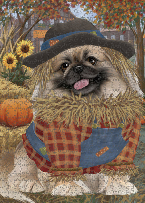 Halloween 'Round Town And Fall Pumpkin Scarecrow Both Pekingese Dogs Puzzle with Photo Tin PUZL96608