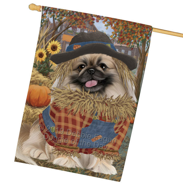 Halloween 'Round Town And Fall Pumpkin Scarecrow Both Pekingese Dogs House Flag FLG65731