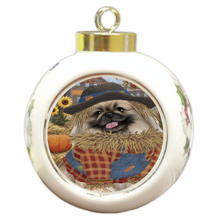 Halloween 'Round Town And Fall Pumpkin Scarecrow Both Pekingese Dogs Round Ball Christmas Ornament RBPOR57479
