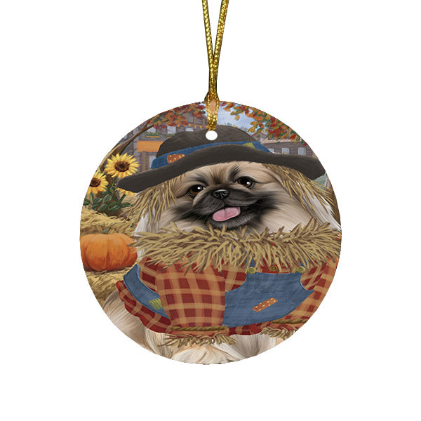 Halloween 'Round Town And Fall Pumpkin Scarecrow Both Pekingese Dogs Round Flat Christmas Ornament RFPOR57479
