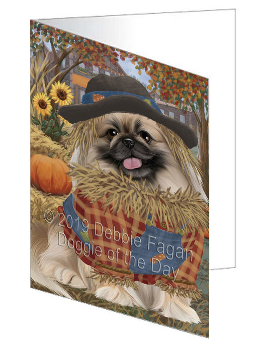 Fall Pumpkin Scarecrow Pekingese Dog Handmade Artwork Assorted Pets Greeting Cards and Note Cards with Envelopes for All Occasions and Holiday Seasons GCD78071