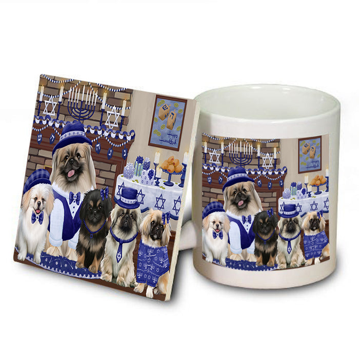Happy Hanukkah Family Pekingese Dogs Mug and Coaster Set MUC57266
