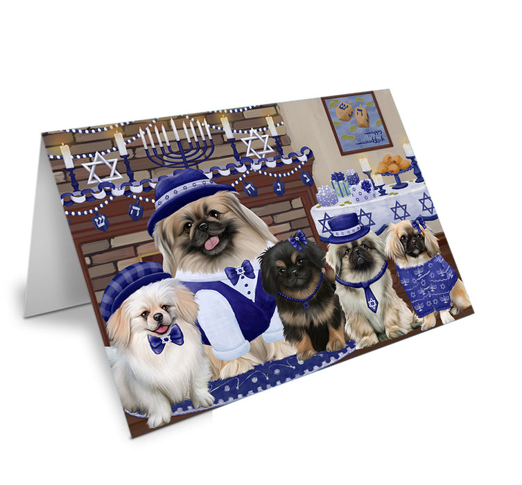 Happy Hanukkah Family Pekingese Dogs Handmade Artwork Assorted Pets Greeting Cards and Note Cards with Envelopes for All Occasions and Holiday Seasons GCD79049