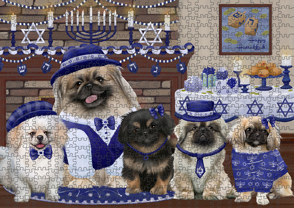 Happy Hanukkah Pekingese Dogs Portrait Jigsaw Puzzle for Adults Animal Interlocking Puzzle Game Unique Gift for Dog Lover's with Metal Tin Box