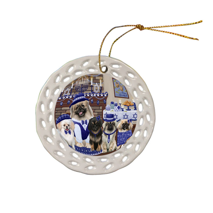 Happy Hanukkah Family Pekingese Dogs Doily Ornament DPOR57901