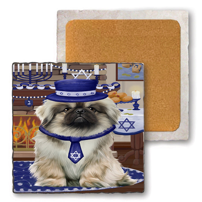 Happy Hanukkah  Pekingese Dogs Set of 4 Natural Stone Marble Tile Coasters MCST52487