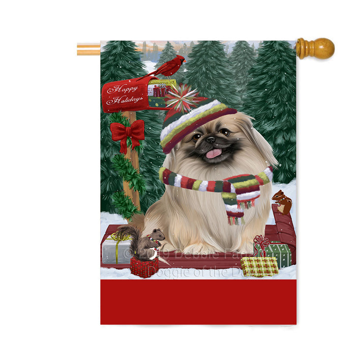 Personalized Merry Christmas Woodland Sled Pekingese Dog Custom House Flag FLG-DOTD-A61693
