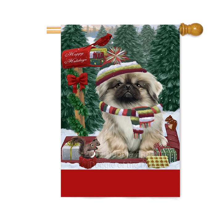 Personalized Merry Christmas Woodland Sled Pekingese Dog Custom House Flag FLG-DOTD-A61695
