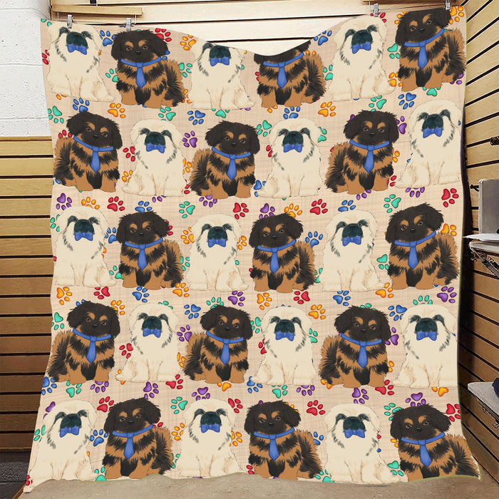 Rainbow Paw Print Pekingese Dogs Blue Quilt