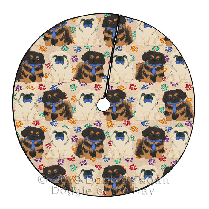 Rainbow Paw Print Pekingese Dogs Blue Christmas Tree Skirt