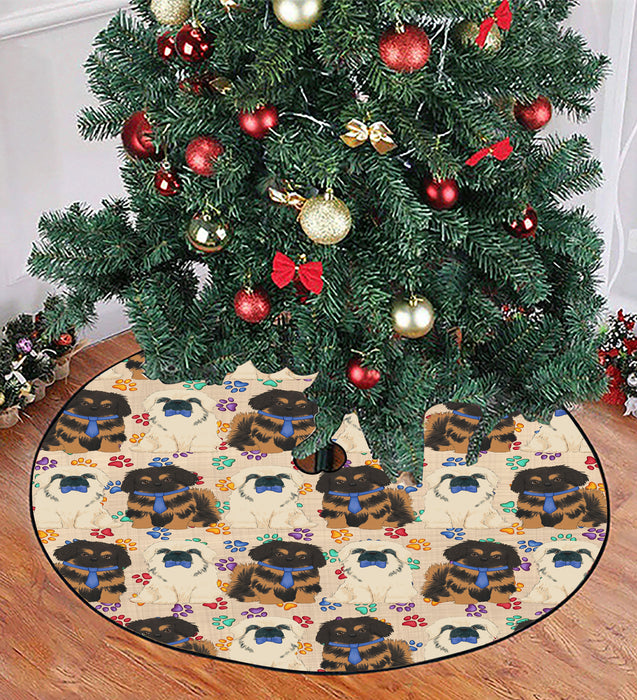 Rainbow Paw Print Pekingese Dogs Blue Christmas Tree Skirt