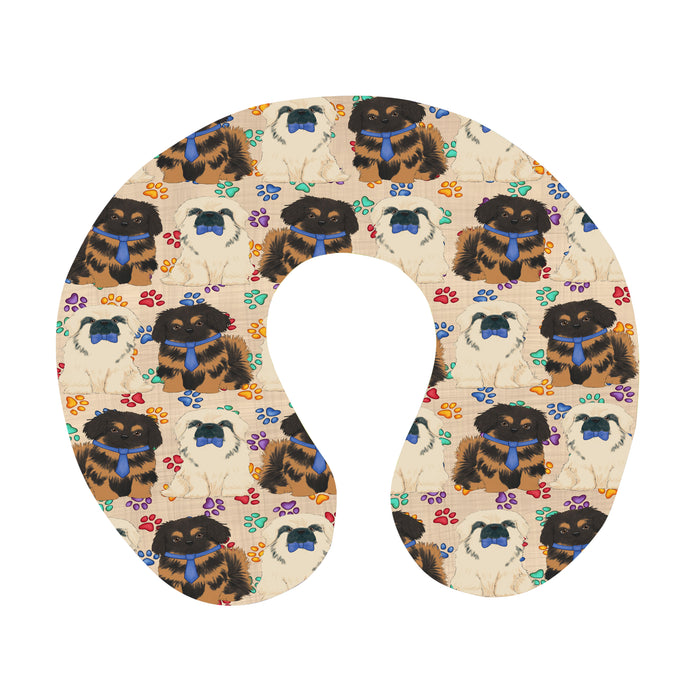Rainbow Paw Print Pekingese Dogs Blue U-Shape Travel Pillow