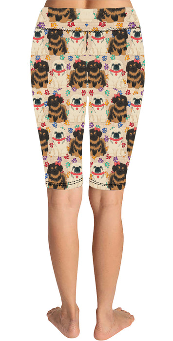 Rainbow Paw Print Pekingese Dogs Red Knee Length Leggings