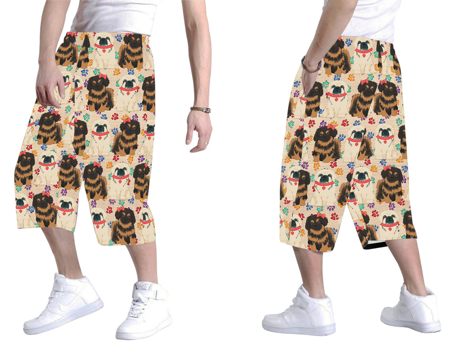 Rainbow Paw Print Pekingese Dogs Red All Over Print Men's Baggy Shorts