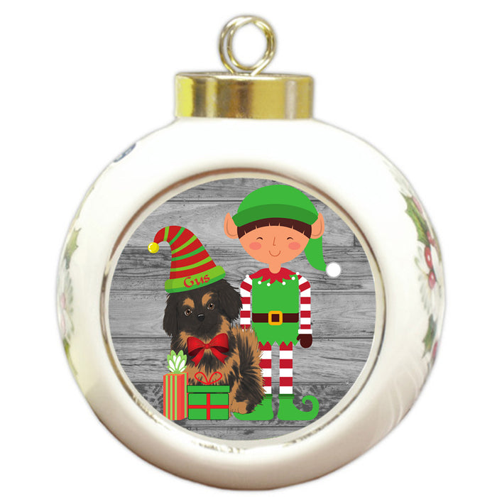 Custom Personalized Pekingese Dog Elfie and Presents Christmas Round Ball Ornament